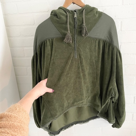 Free People Movement Hoodie 1/4 zip Pockets High Low Olive Green Sz S Oversized - Picture 14 of 15